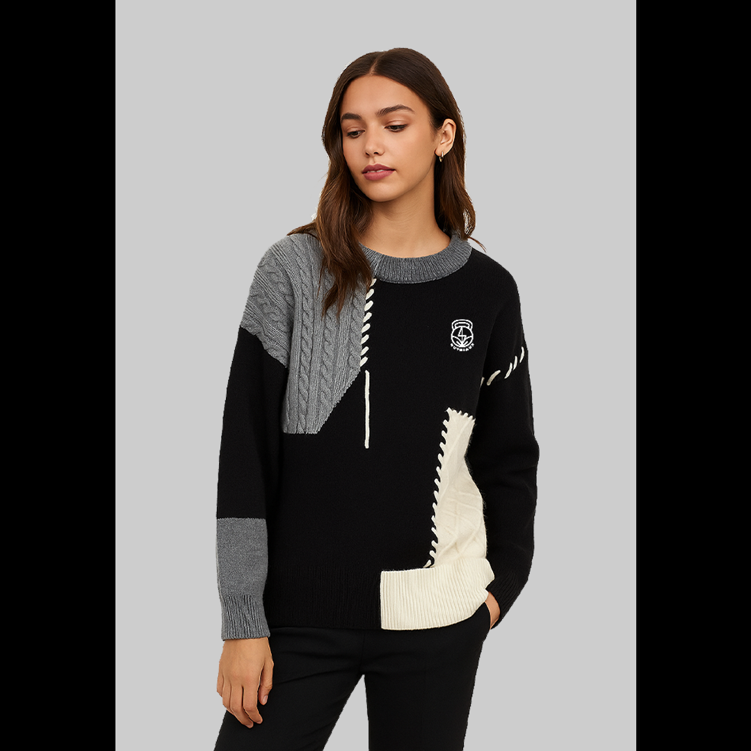 Black Winter Men’s/ Women’s LOOSE Fit Crew Neck Sweater Warm Knitwear With Color Block Pattern Youth Casual Base Shirt