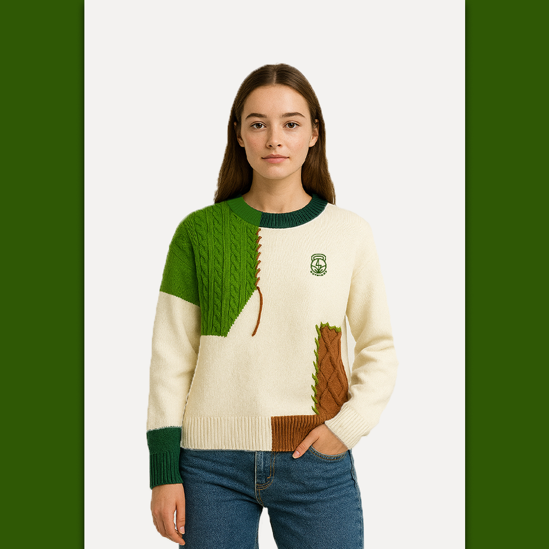 Green Winter Men’s/ Women’s LOOSE Fit Crew Neck Sweater Warm Knitwear With Color Block Pattern Youth Casual Base Shirt