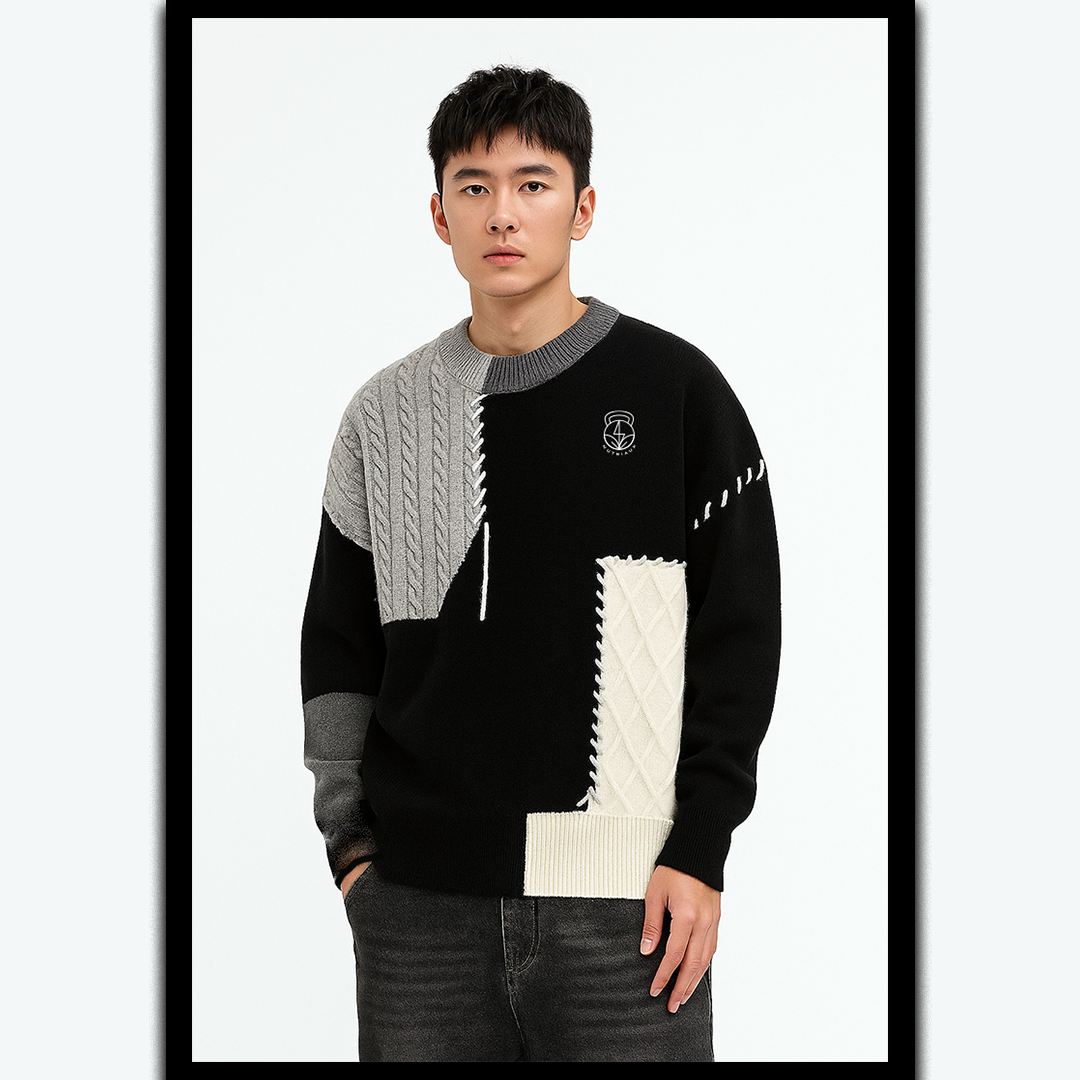 Black Winter Men’s/ Women’s LOOSE Fit Crew Neck Sweater Warm Knitwear With Color Block Pattern Youth Casual Base Shirt